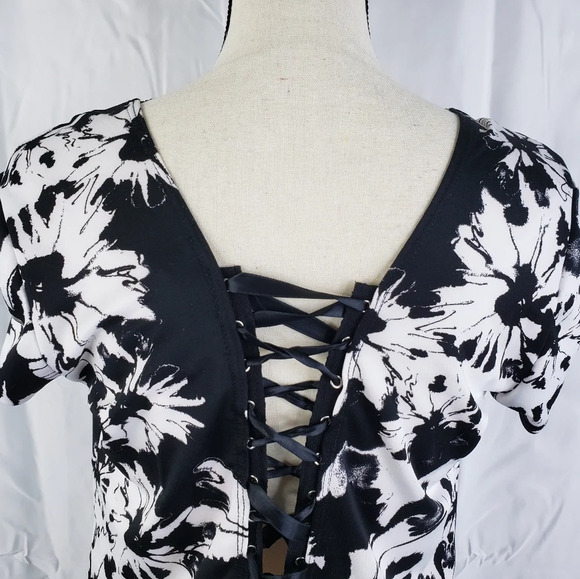 Demi Loon Black-White Floral Bombshell Vixen Pin up Back Corset Tie Dress Sz 2XL - Picture 10 of 14